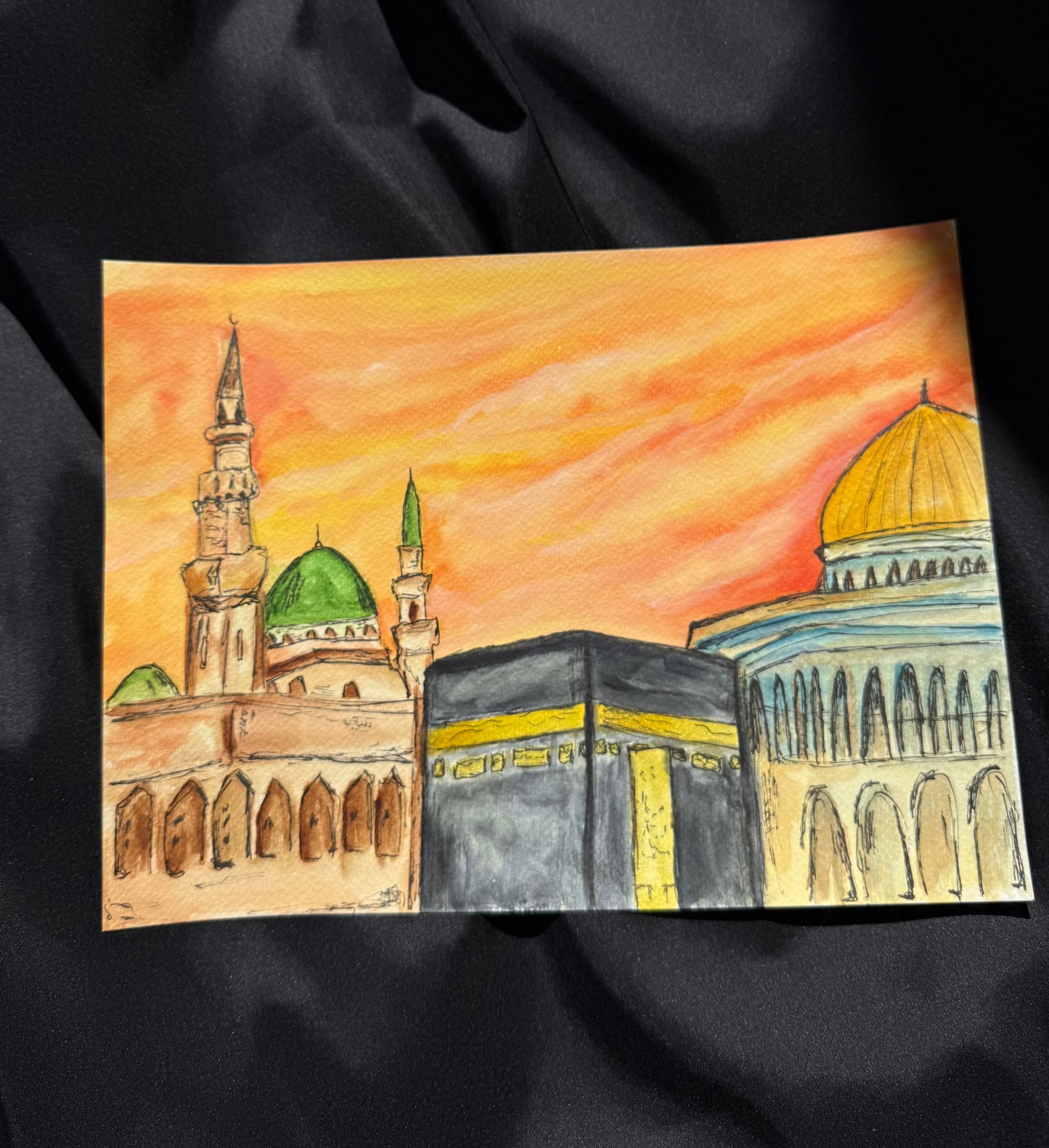 “3 Mosques” – Original Islamic Watercolour Painting (24cm x 32cm)