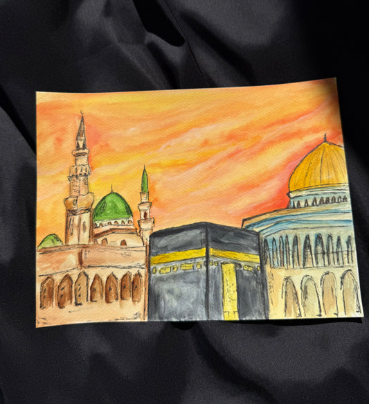 “3 Mosques” – Original Islamic Watercolour Painting (24cm x 32cm)